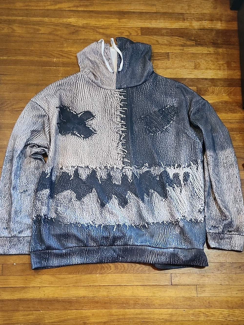 Unisex Two-Tone Distressed Hoodie Sweater - Gray/Black. Spooky/Halloween.